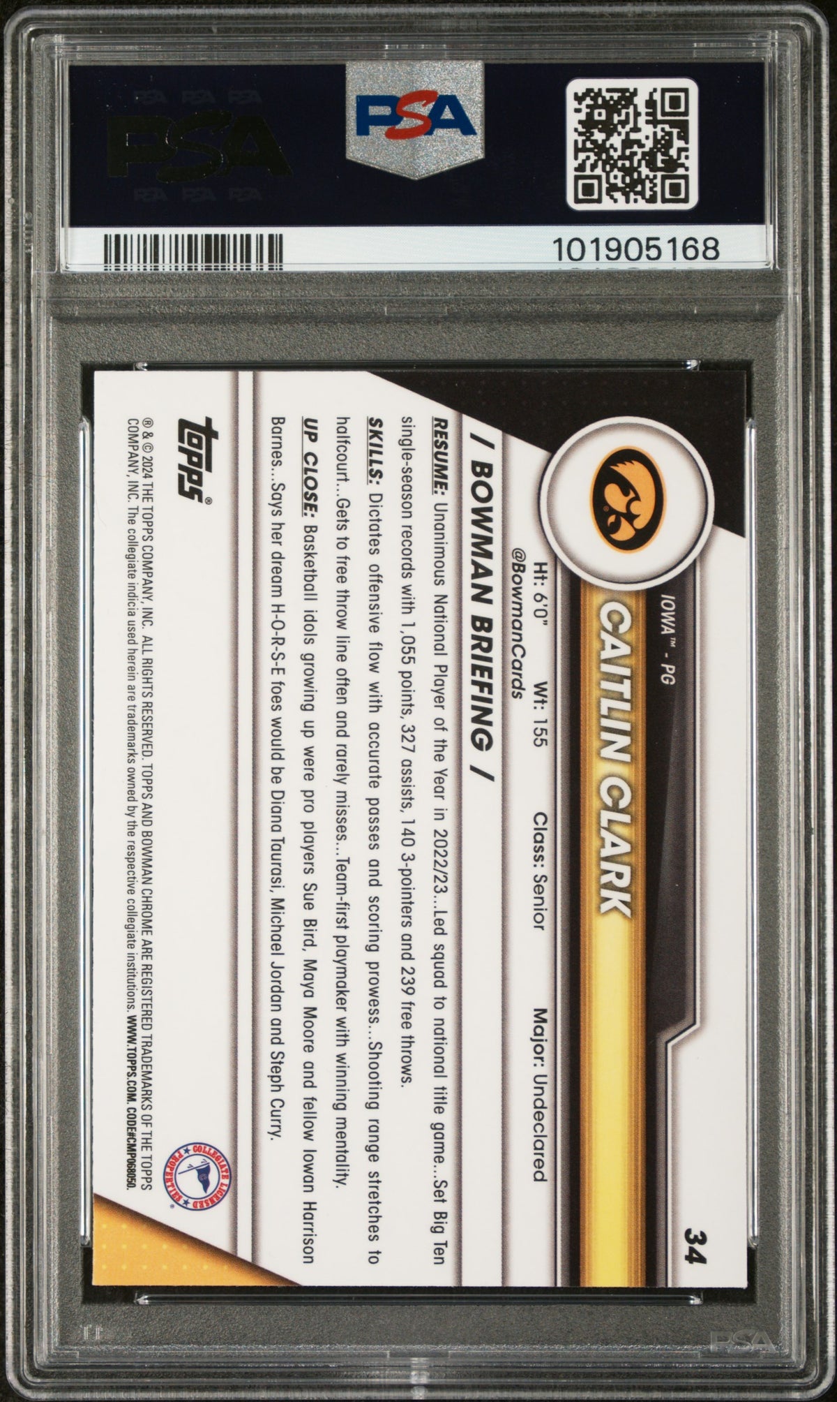 2023 Bowman University Chrome #34 Caitlin Clark PSA 10