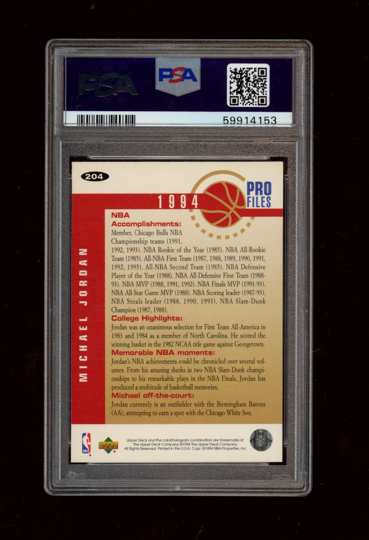 1994 Collector'S Choice #204 Michael Jordan Silver Signature PSA 9
