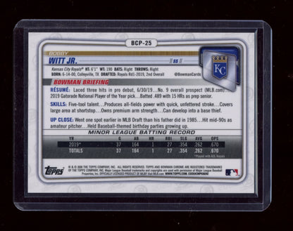 2020 Bowman #BCP-25 Bobby Witt Jr. Chrome Prospects Aqua Shimmer Refractor #/125