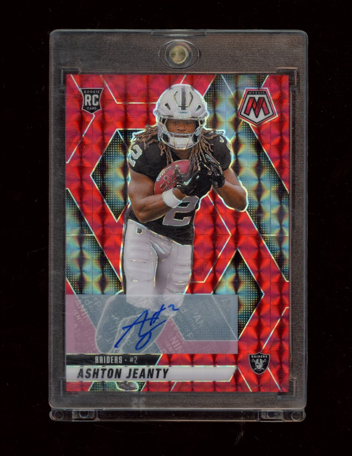 2025 Panini Mosaic #345 Ashton Jeanty Rookie Autographs Mosaic Red #/199