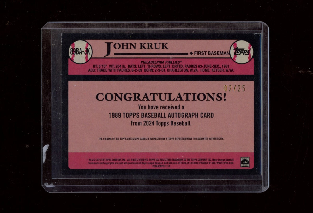 2024 Topps #89BA-JK John Kruk 1989 Topps Baseball Red Auto #/25