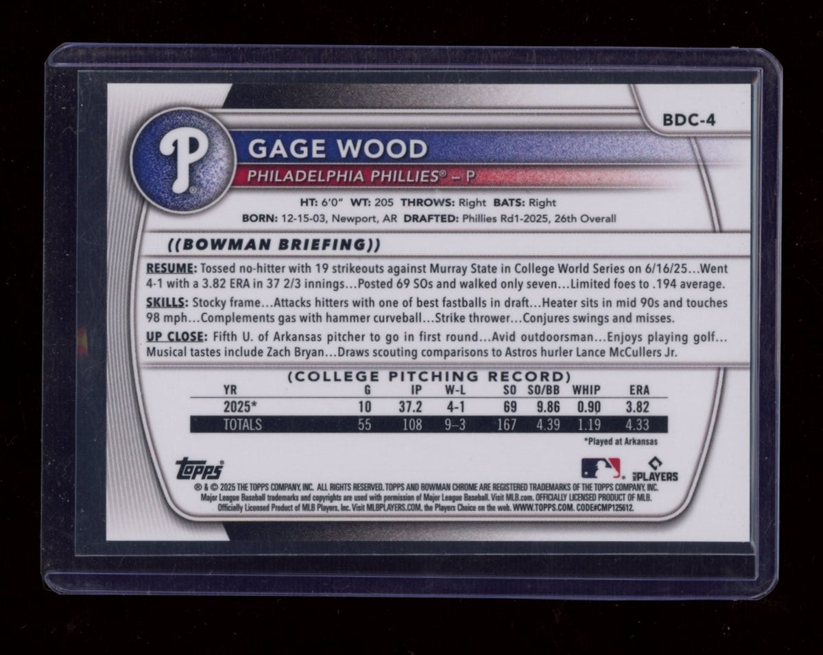 2025 Bowman Draft Sapphire Edition #BDC-4 Gage Wood Orange Sapphire #/25