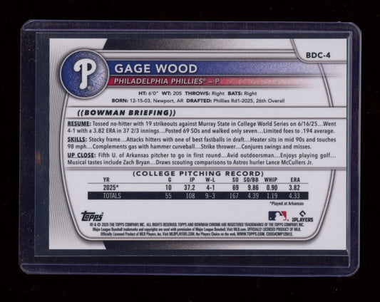 2025 Bowman Draft Sapphire Edition #BDC-4 Gage Wood Orange Sapphire #/25