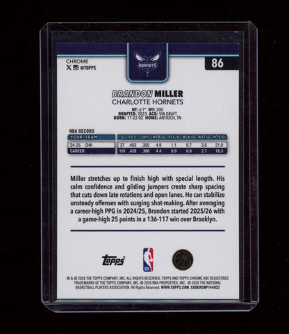 2025-26 Topps Chrome Update #86 Brandon Miller Gold Basketball Refractor #/50