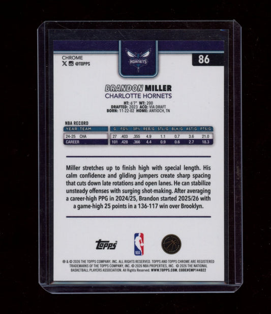 2025-26 Topps Chrome Update #86 Brandon Miller Gold Basketball Refractor #/50