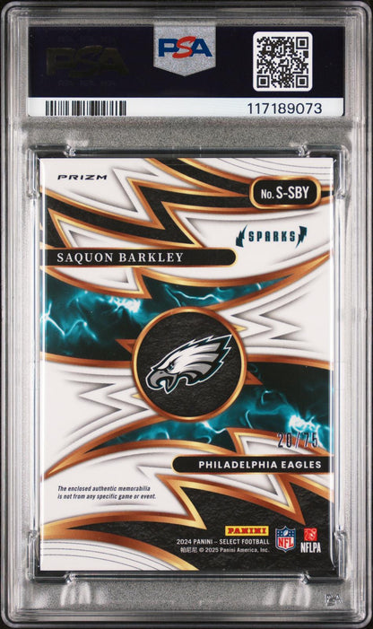 2024 Panini Select Sparks #SSBY Saquon Barkley Sparks Mem-White Prizm PSA 8
