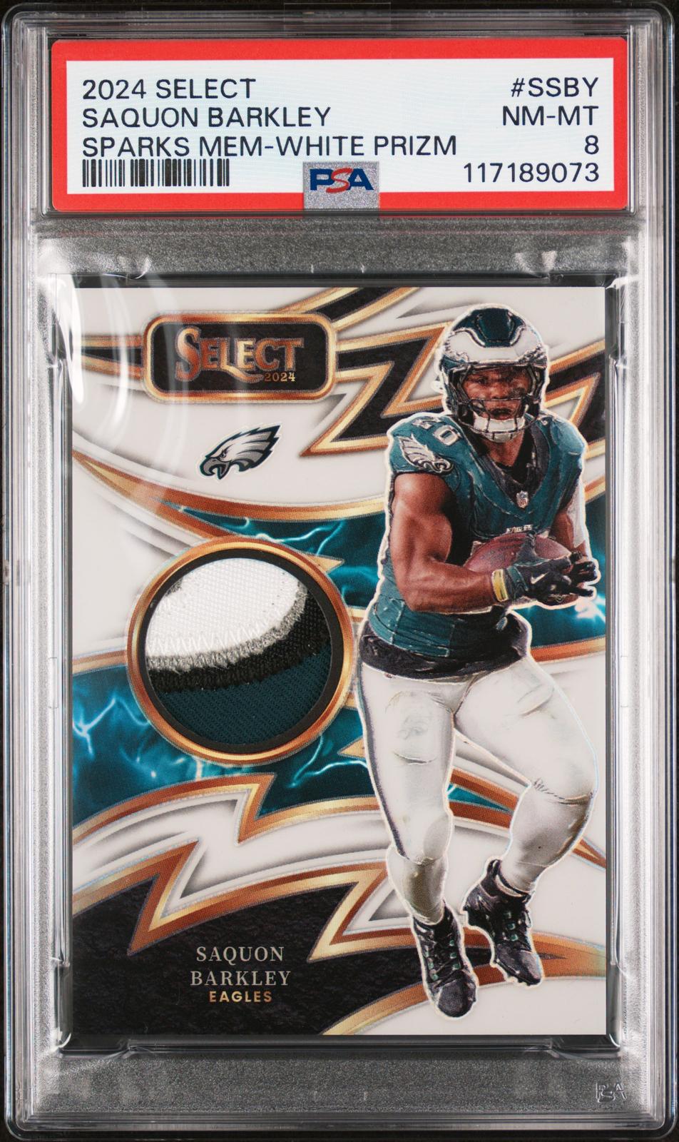 2024 Panini Select Sparks #SSBY Saquon Barkley Sparks Mem-White Prizm PSA 8