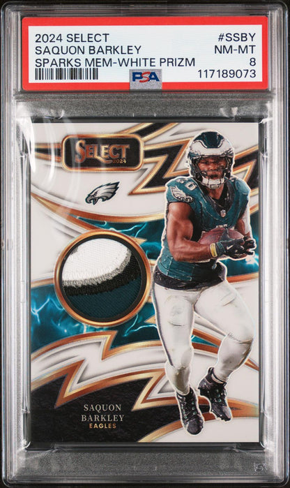 2024 Panini Select Sparks #SSBY Saquon Barkley Sparks Mem-White Prizm PSA 8
