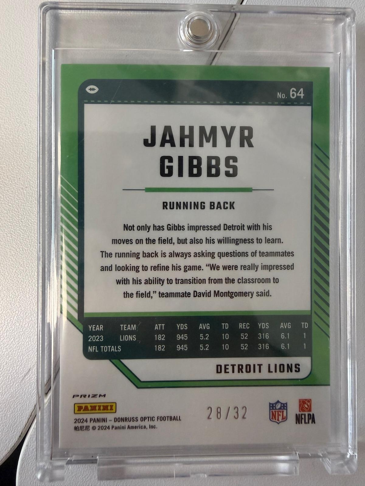 2024 Donruss Optic #64 Jahmyr Gibbs Team Logo #/32