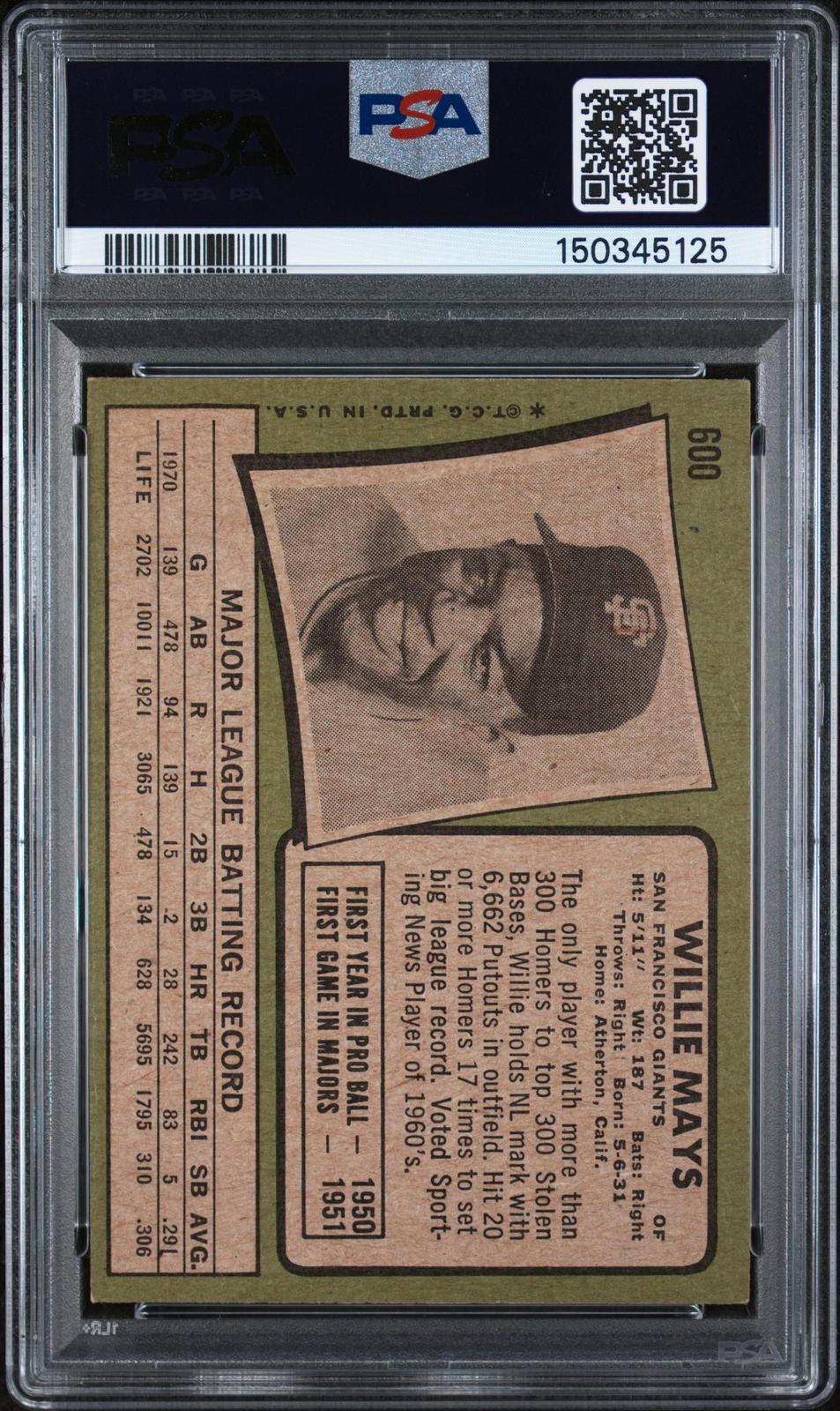 1971 Topps #600 Willie Mays PSA 5