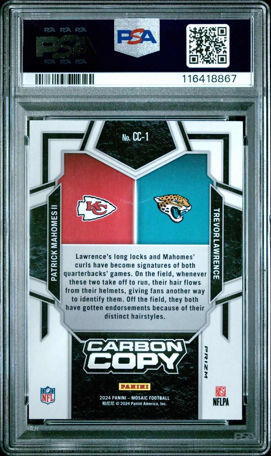 2024 Panini Mosaic Carbon Copy #CC1 Mahomes Ii/Lawrence No Huddle PSA 9